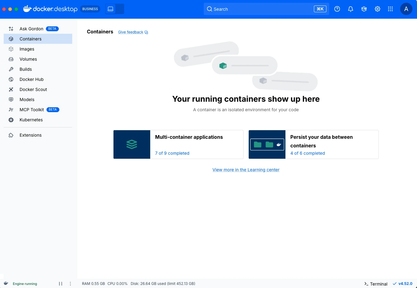 Docker Desktop Dashboard on Containers view