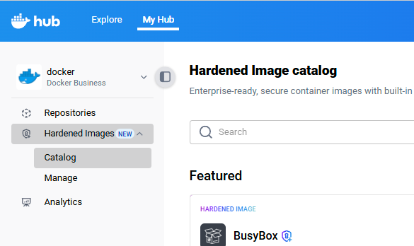 Docker Hub sidebar showing DHI catalog