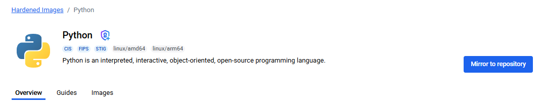 An image of the Python page with the Mirror to repository button showing
